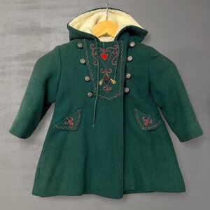 Rothschild Kids 50s Vintage Wool Coat Green Heart Tyrolean Hooded 4T